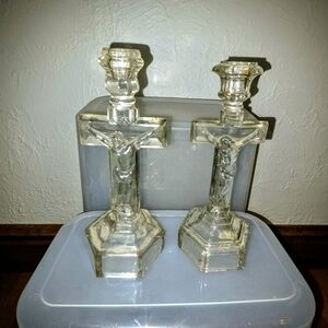 Elegant Clear Glass Crucifix Candle Holders